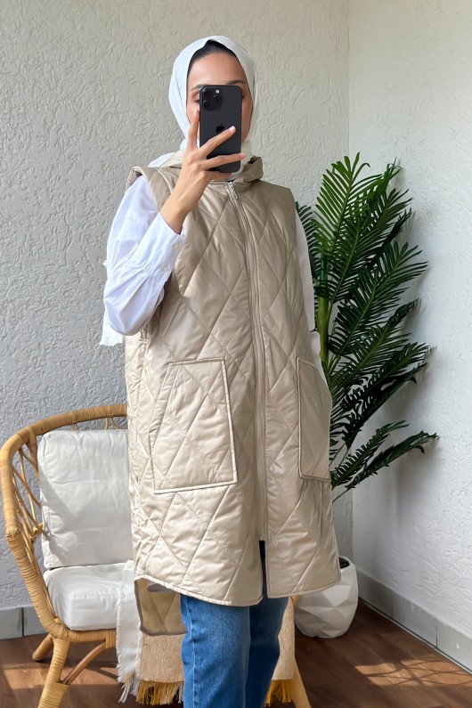 5000 Önü Fermuarlı Kapüşonlu Yelek - TAŞ RENGİ