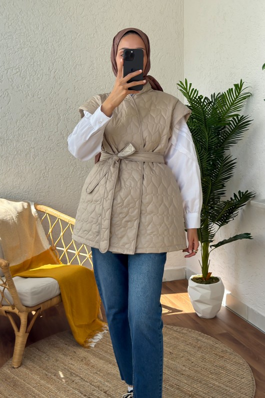 5002-1 Kalpli Kapitone Kısa Yelek - TAŞ RENGİ