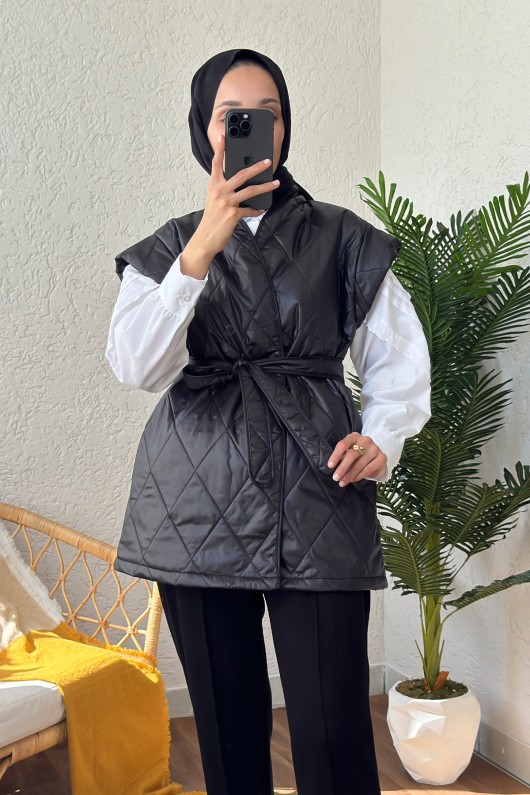 5002 Kuşaklı Kapitone Kısa Yelek - SİYAH