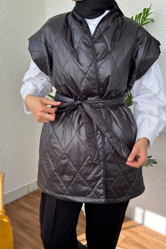 5002 Kuşaklı Kapitone Kısa Yelek - SİYAH