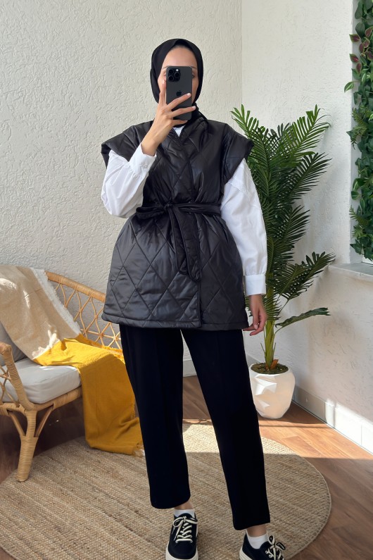 5002 Kuşaklı Kapitone Kısa Yelek - SİYAH