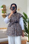 5003 Leopar Desen Kapitone Yelek - TABA