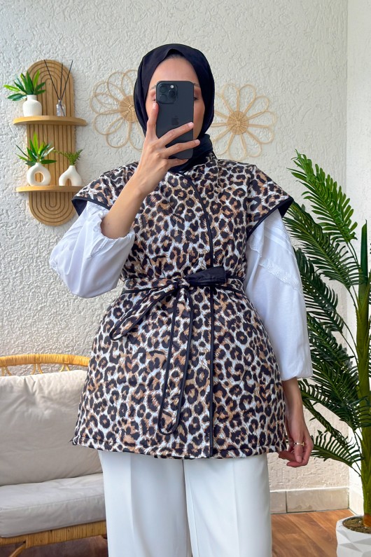 5003 Leopar Desen Kapitone Yelek - TABA