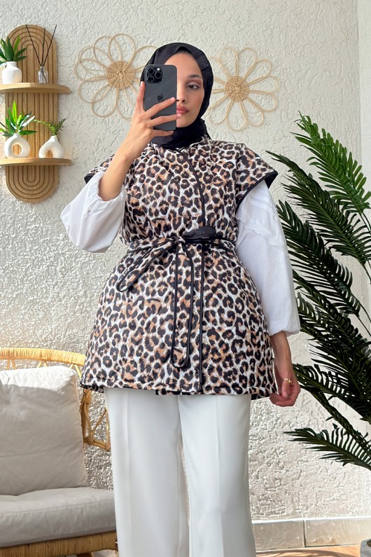 5003 Leopar Desen Kapitone Yelek - TABA
