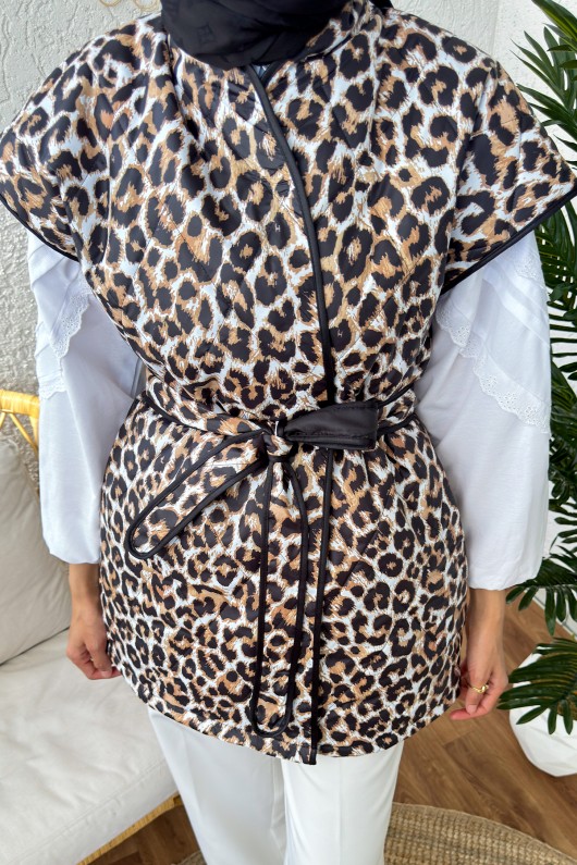 5003 Leopar Desen Kapitone Yelek - TABA