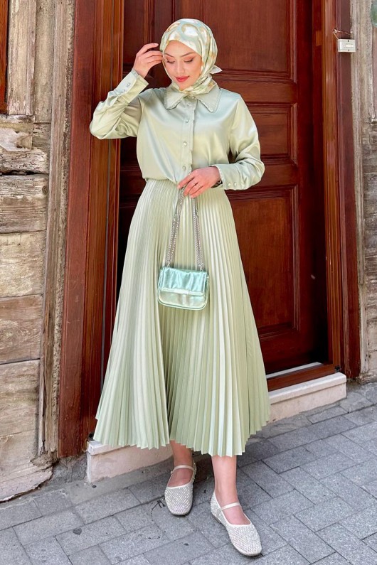 5005 Pliseli Etek - MİNT YEŞİLİ