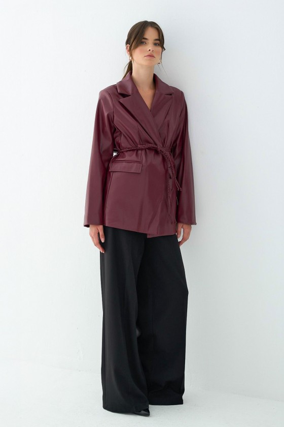 Örgü Kuşaklı Deri Ceket 51007 - BORDO