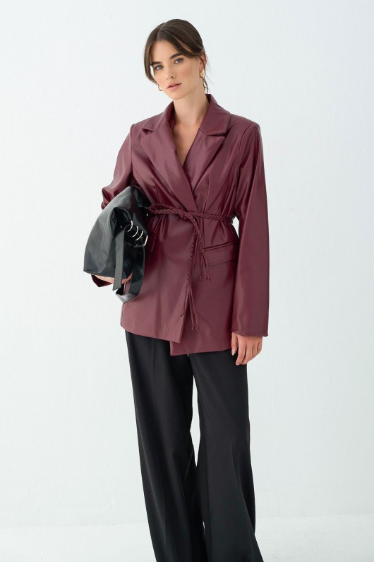 Örgü Kuşaklı Deri Ceket 51007 - BORDO