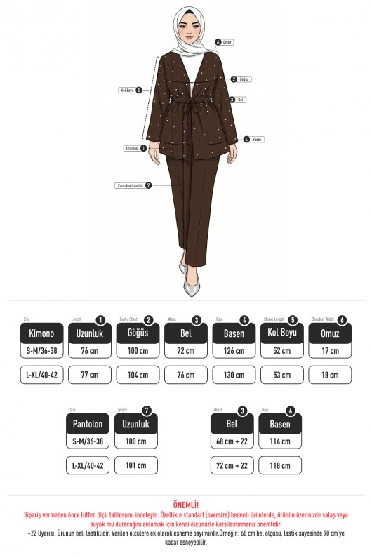 Taş Detaylı Bağcıklı Kimono Takım 51712 - KAHVERENGİ