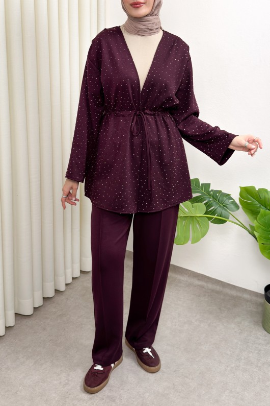 Taş Detaylı Bağcıklı Kimono Takım 51712 - BORDO