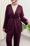 Taş Detaylı Bağcıklı Kimono Takım 51712 - BORDO