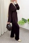 Taş Detaylı Bağcıklı Kimono Takım 51712 - KAHVERENGİ