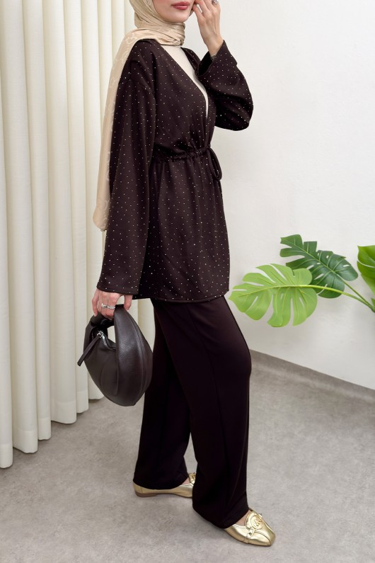 Taş Detaylı Bağcıklı Kimono Takım 51712 - KAHVERENGİ