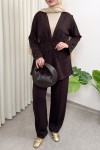 Taş Detaylı Bağcıklı Kimono Takım 51712 - KAHVERENGİ
