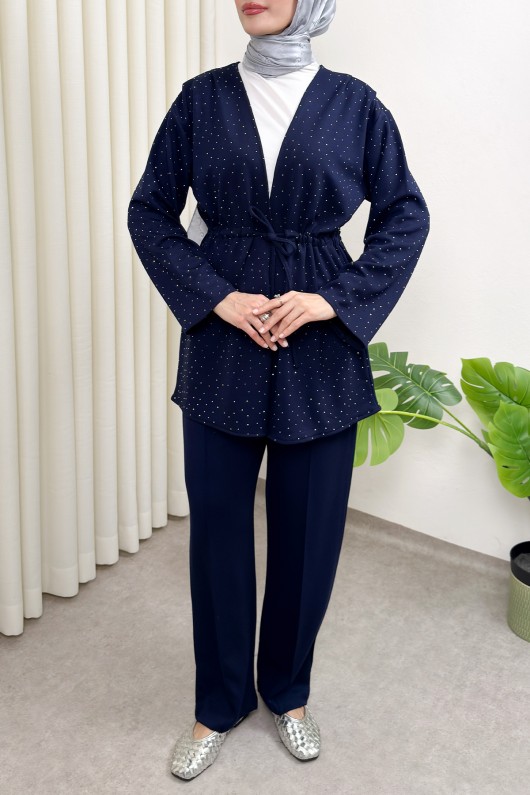 Taş Detaylı Bağcıklı Kimono Takım 51712 - LACİVERT
