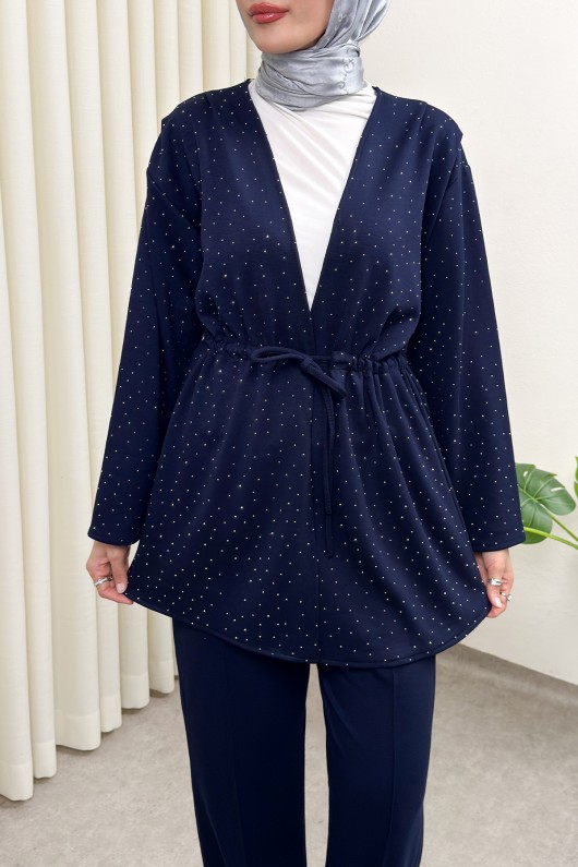 Taş Detaylı Bağcıklı Kimono Takım 51712 - LACİVERT
