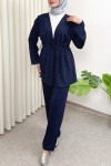 Taş Detaylı Bağcıklı Kimono Takım 51712 - LACİVERT