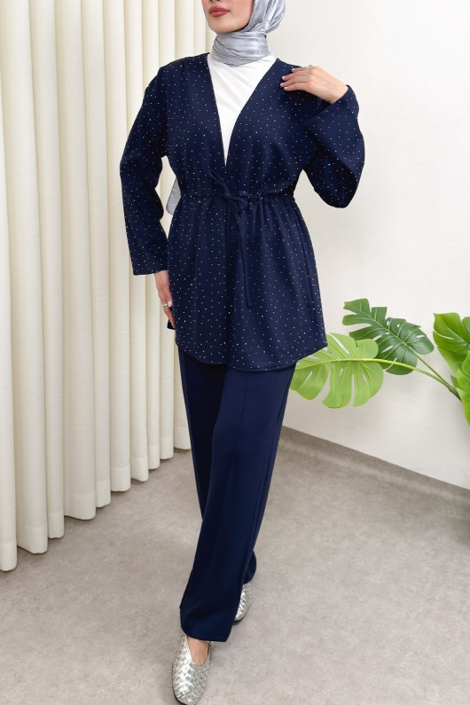 Taş Detaylı Bağcıklı Kimono Takım 51712 - LACİVERT