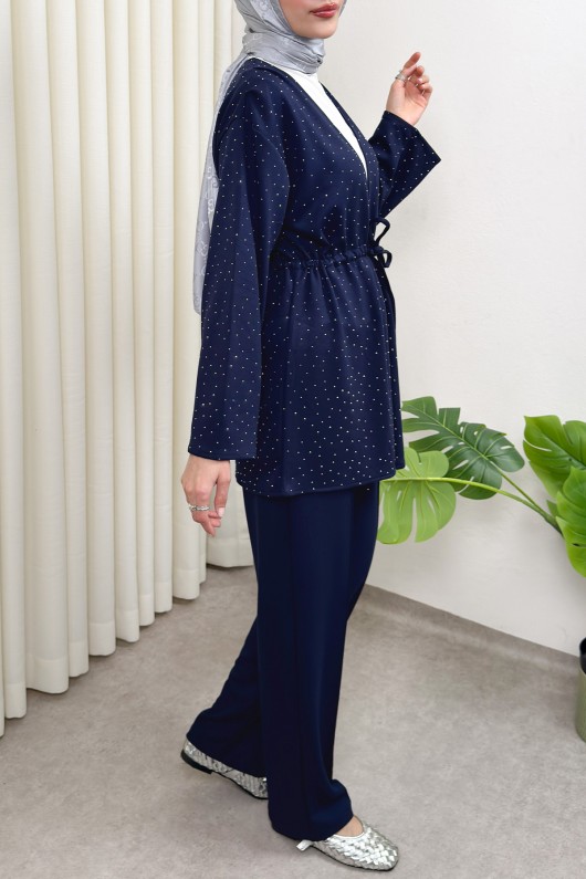 Taş Detaylı Bağcıklı Kimono Takım 51712 - LACİVERT