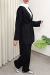 Taş Detaylı Bağcıklı Kimono Takım 51712 - SİYAH