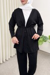 Taş Detaylı Bağcıklı Kimono Takım 51712 - SİYAH