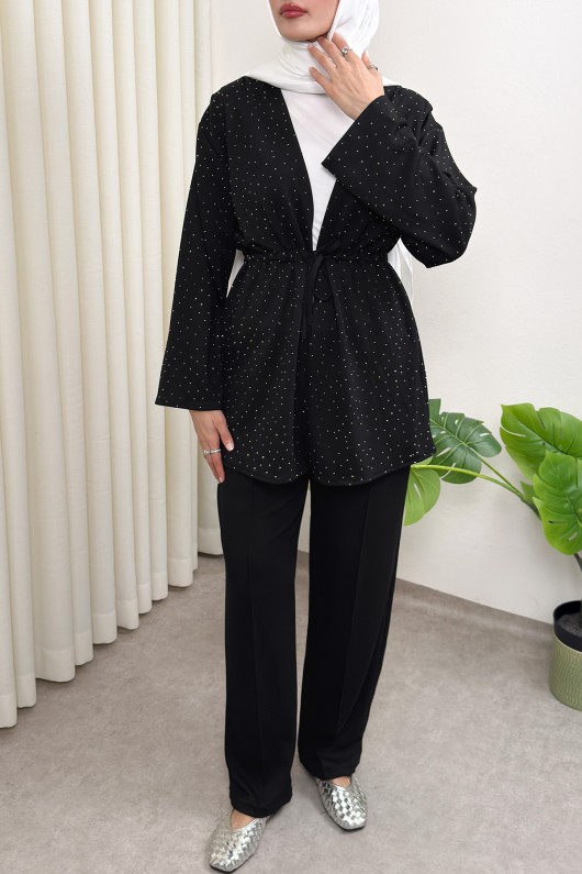 Taş Detaylı Bağcıklı Kimono Takım 51712 - SİYAH