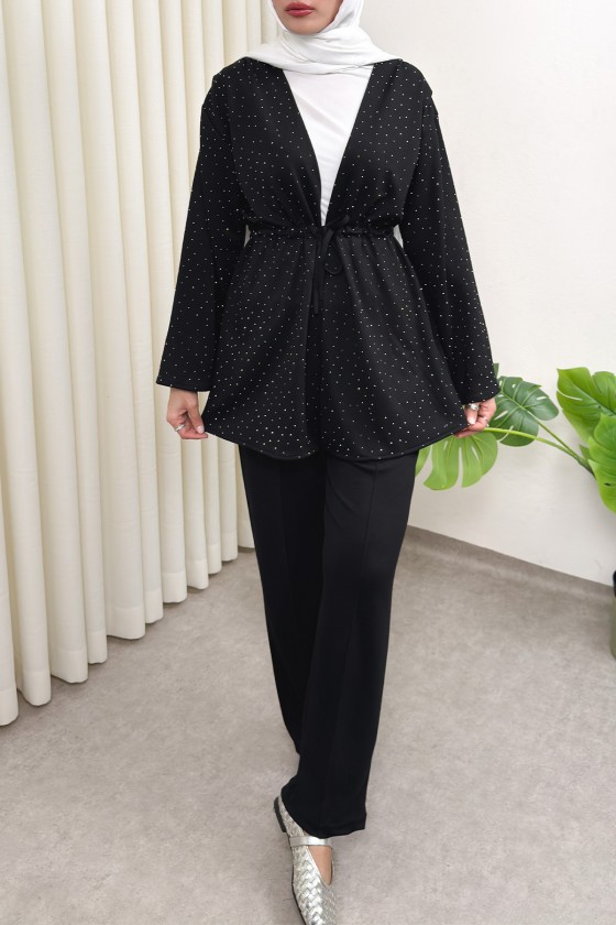 Taş Detaylı Bağcıklı Kimono Takım 51712 - SİYAH
