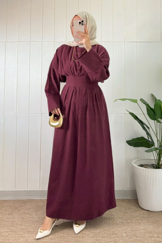 Bel Pile Detaylı Elbise 5521 - BORDO