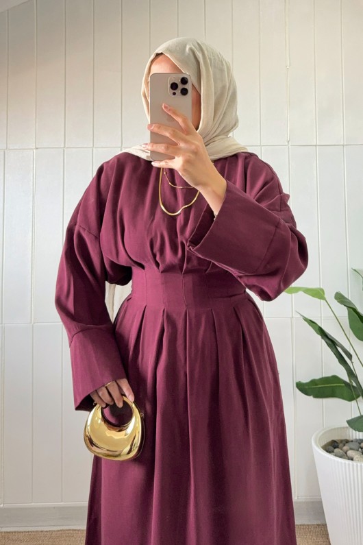 Bel Pile Detaylı Elbise 5521 - BORDO