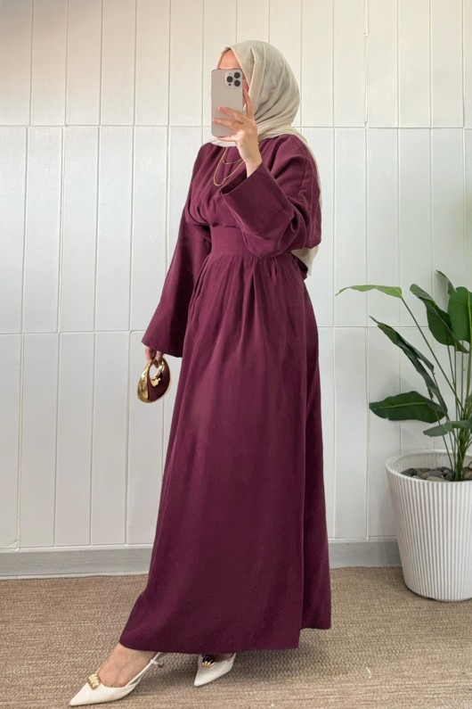 Bel Pile Detaylı Elbise 5521 - BORDO