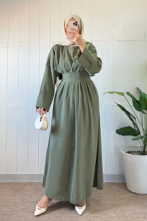 Bel Pile Detaylı Elbise 5521 - HAKİ