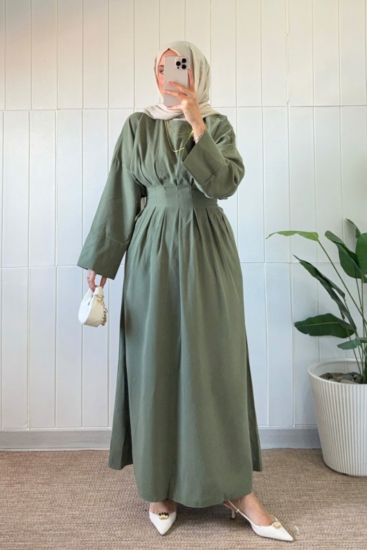 Bel Pile Detaylı Elbise 5521 - HAKİ