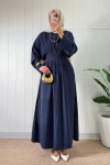 Bel Pile Detaylı Elbise 5521 - LACİVERT