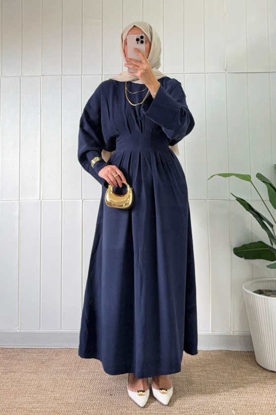 Bel Pile Detaylı Elbise 5521 - LACİVERT