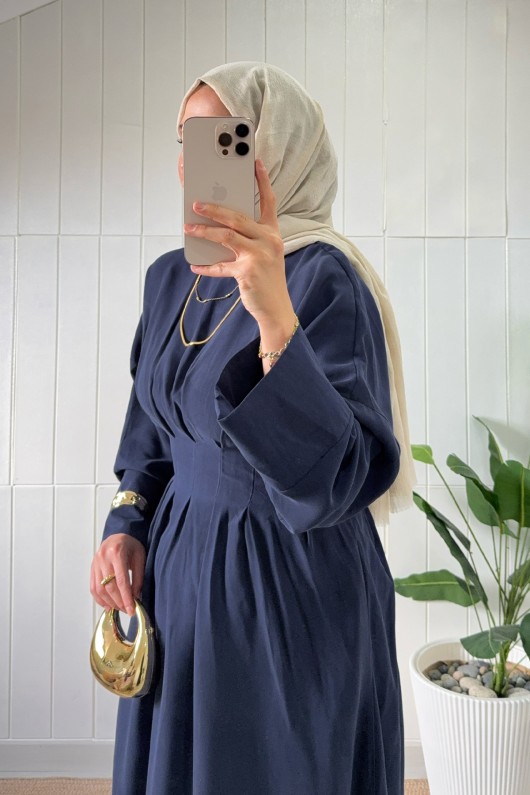 Bel Pile Detaylı Elbise 5521 - LACİVERT