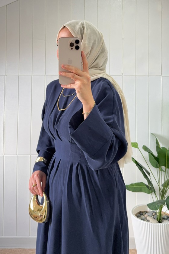 Bel Pile Detaylı Elbise 5521 - LACİVERT
