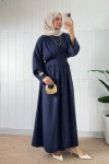Bel Pile Detaylı Elbise 5521 - LACİVERT