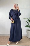 Bel Pile Detaylı Elbise 5521 - LACİVERT