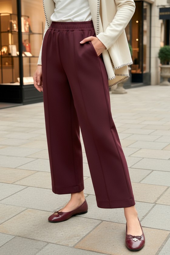 Önü Çımalı Scuba Pantolon 5526 - BORDO