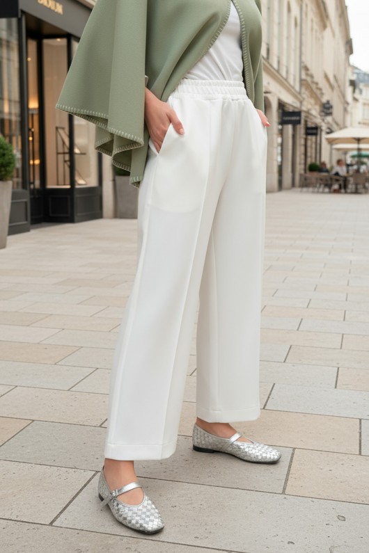 Önü Çımalı Scuba Pantolon 5526 - BEYAZ