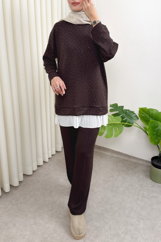 Altı Pliseli Tunik Takım 58122 - KAHVERENGİ
