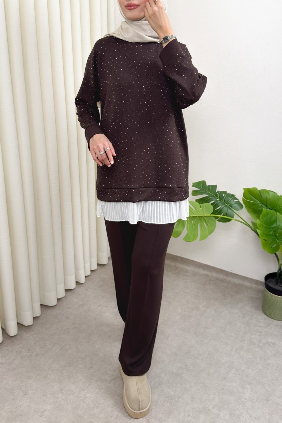 Altı Pliseli Tunik Takım 58122 - KAHVERENGİ