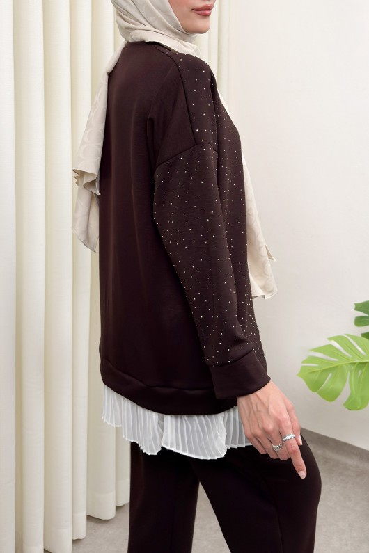 Altı Pliseli Tunik Takım 58122 - KAHVERENGİ