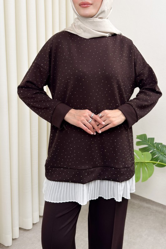 Altı Pliseli Tunik Takım 58122 - KAHVERENGİ