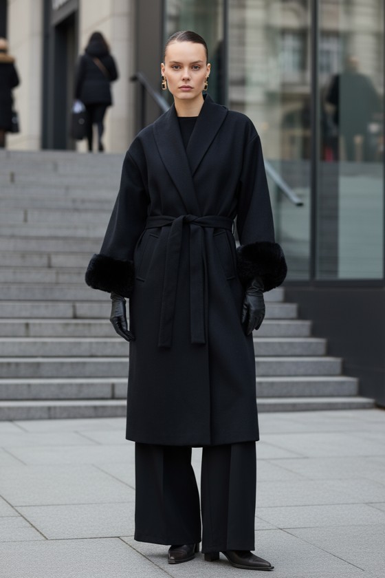 Kolları Kürklü Kaşe Kaban 5892 - SİYAH