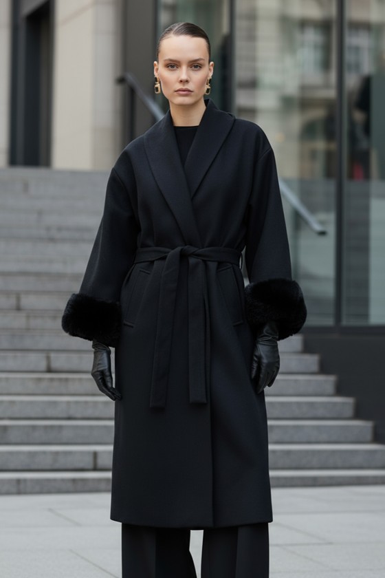 Kolları Kürklü Kaşe Kaban 5892 - SİYAH