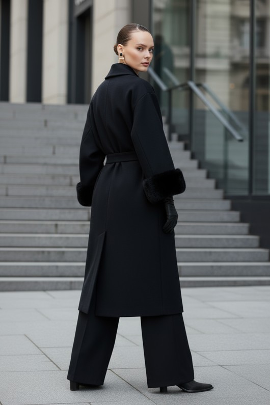 Kolları Kürklü Kaşe Kaban 5892 - SİYAH Kolları Kürklü Kaşe Kaban 5892 - SİYAH