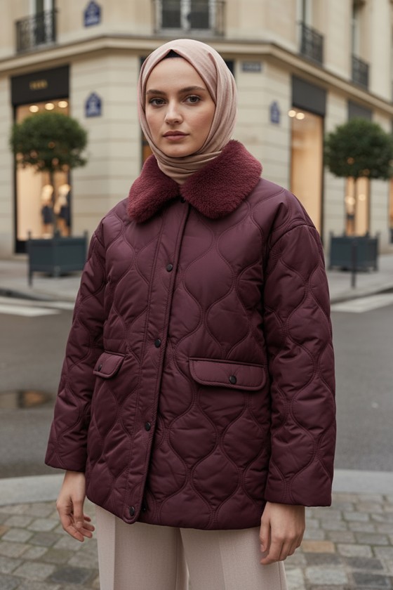 Yakası Kürklü Şişme Mont 5904 - KOYU BORDO