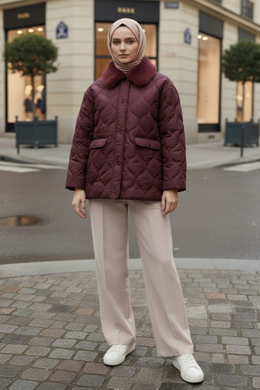 Yakası Kürklü Şişme Mont 5904 - KOYU BORDO