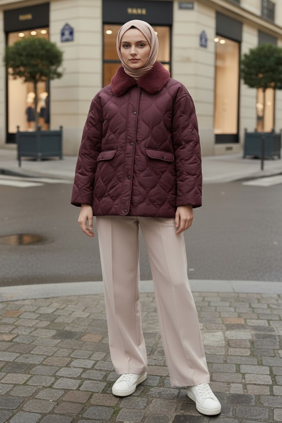 Yakası Kürklü Şişme Mont 5904 - KOYU BORDO